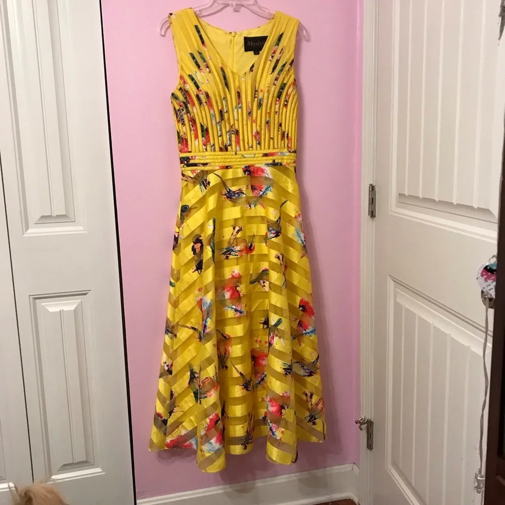 Moshita Couture yellow bird printed Dress with matching jacket size medium - Picture 5 of 10
